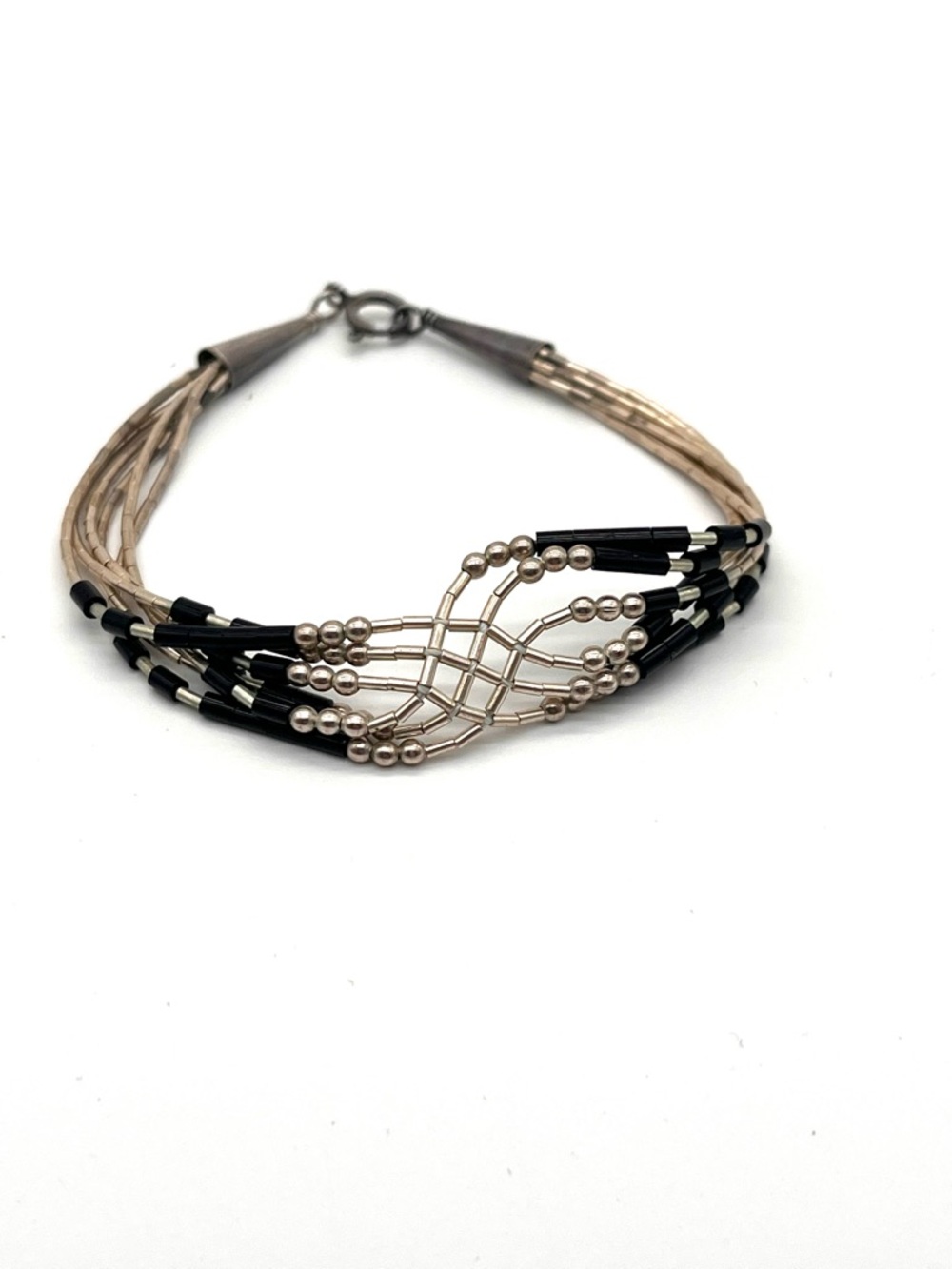 Vintage Liquid Sterling Slive Black 6 Multi-Strand Beaded Bracelet 7" Southwest